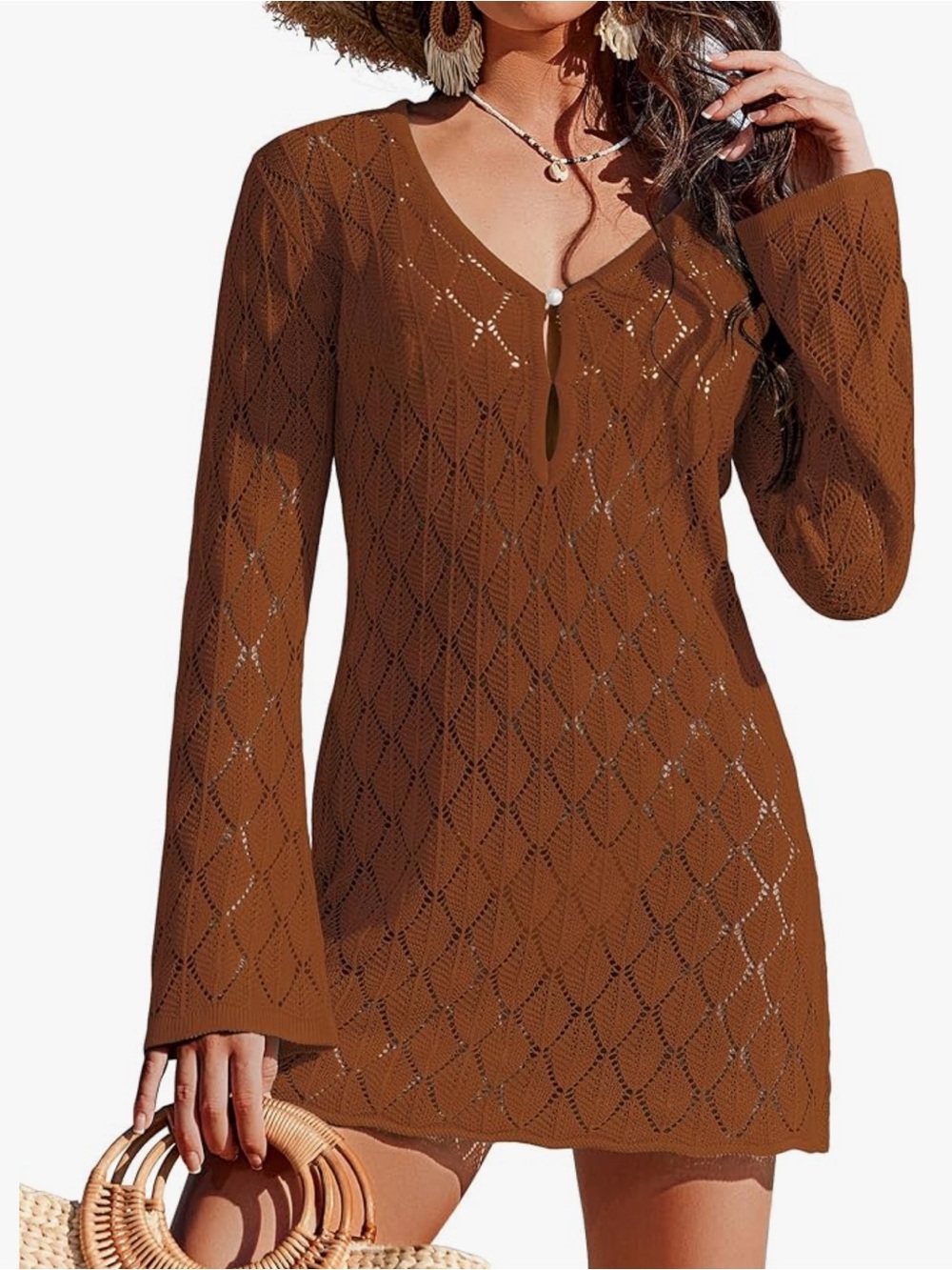 Brown Crochet Long Sleeve Beach Cover-Up